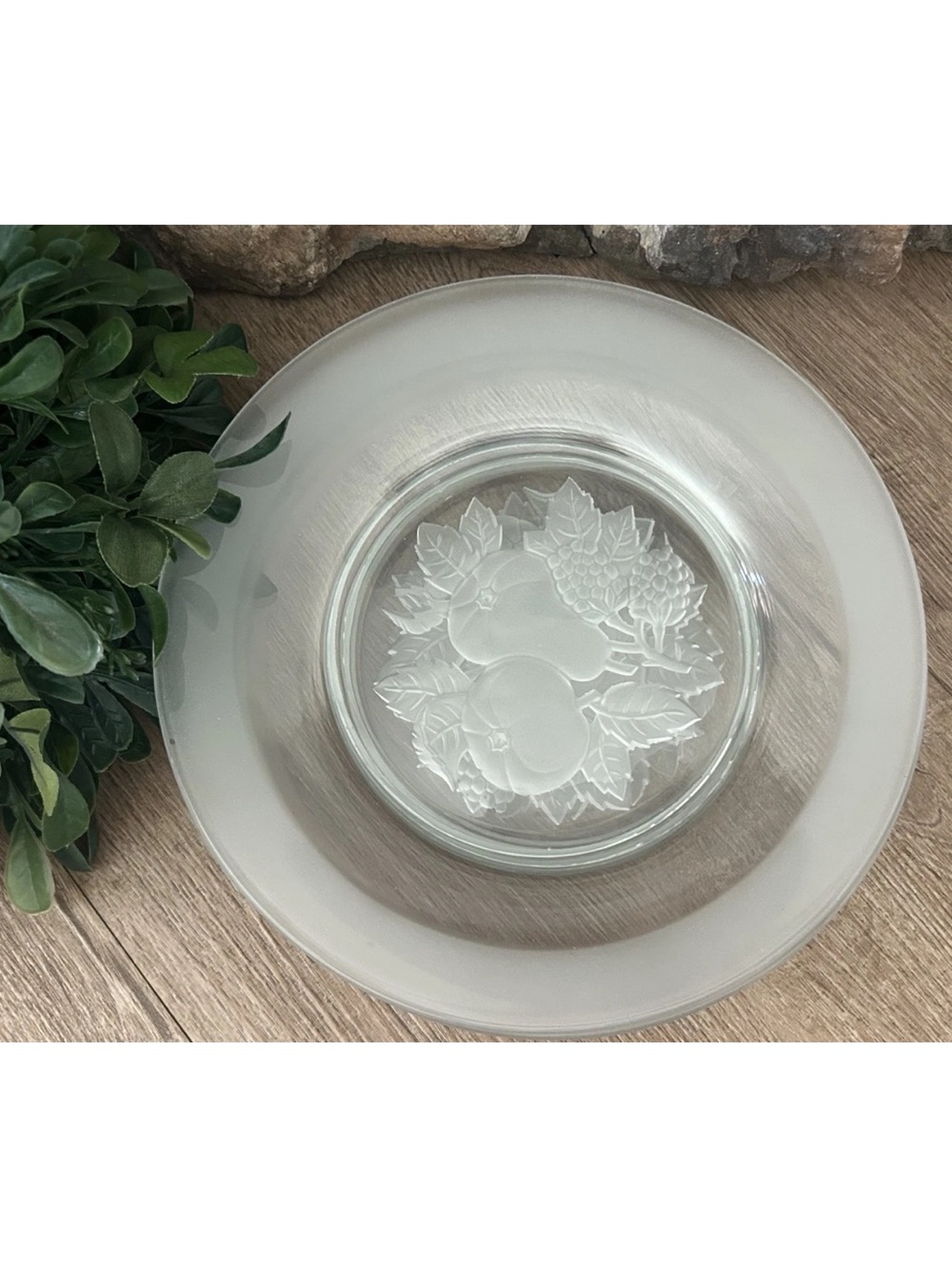 Set of 4 Intaglio Frosted Edge Luncheon Plates Embossed Fruit Center 8" EC